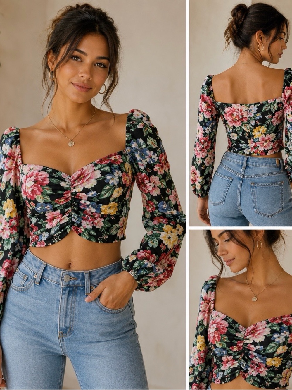 ZARA Floral Ruched Crop Top Puff Sleeve Square Neck Blouse Size M 🌺